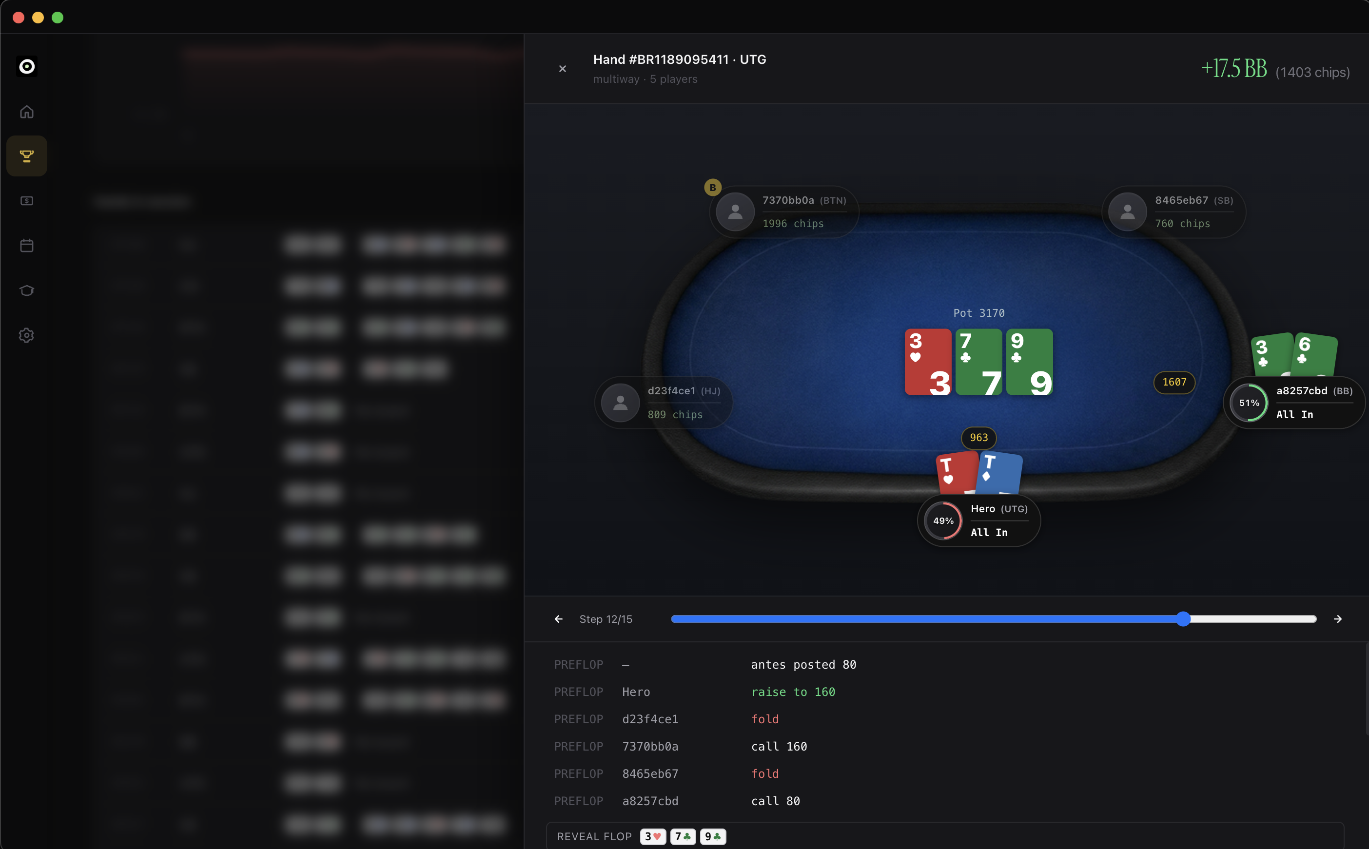Clarity hand replayer with table layout and cards